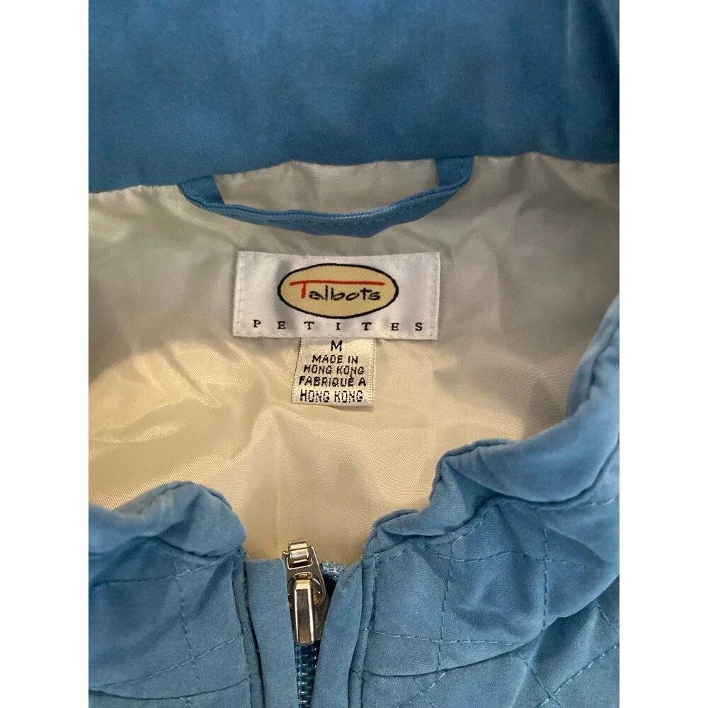 Talbots Vest Quilted Lined Size Medium Steel Blue Full Zipper Pockets Drawstring